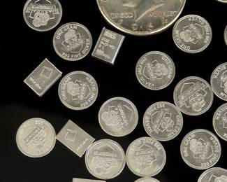 999 Fine Silver 1 Gram Bullion Rounds, Bars & 1964 Kennedy Half Dollar Lot