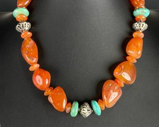 Chunky Carnelian & Turquoise Southwestern Silver Accent Statement Necklace 20"