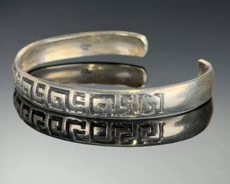 Vintage Mexican Sterling Silver Cuff Bracelet, Greek Key Pattern, Marked 925