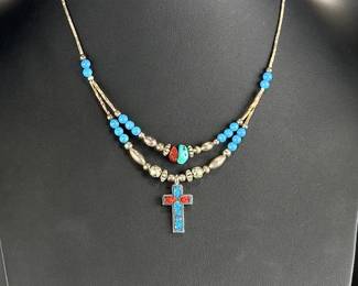 Southwest Liquid Silver Turquoise Coral Cross Pendant Necklace 18in