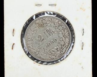 1920 Switzerland 2 Francs .835 Silver Coin Helvetia, Uncirculated