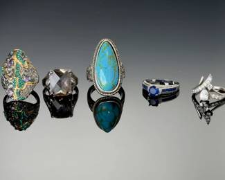 Sterling 925 & Costume Rings Lot (5): Turquoise, CZ, Sapphire Style, Statement