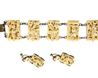 Vintage Chinese Export Carved Bone Mahjong Tile Silver Bracelet Earrings Set
