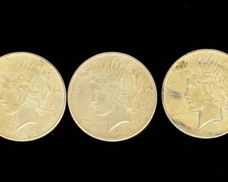 Lot of 3 US Peace Silver Dollar Coins, 90% Silver, Historic American Currency
