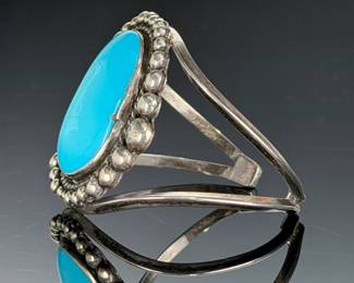 Vintage Native American Silver Turquoise Cuff Bracelet, Signed 'CRIS' or 'CR75'