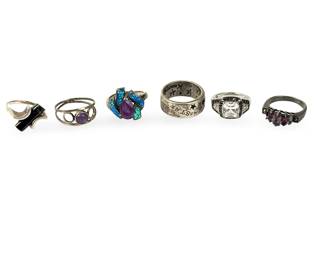 Sterling Silver & Gemstone Ring Lot (6) - Amethyst, Opal, CZ, Modernist Styles