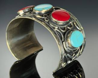 Vintage Mexican Silver Turquoise Coral Cuff Bracelet Hecho En Mexico SS 82g