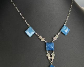 Vintage Sterling Silver Blue Stone Art Deco Style Pendant Necklace 15"