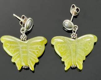 Carved Serpentine Jade Butterfly Earrings Sterling Silver Whimsical Boho Studs