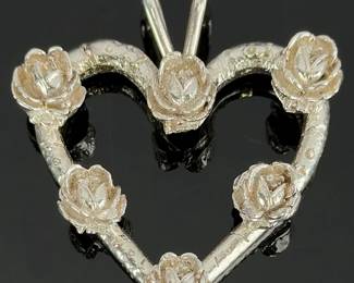 Sterling Silver Vintage Heart & Rose Pendant, Artisan Crafted Floral