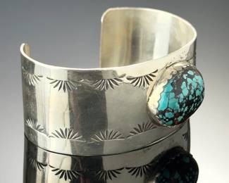 Navajo Sterling Silver Turquoise Cuff Bracelet Calvin Kee Begay CKB Hogan