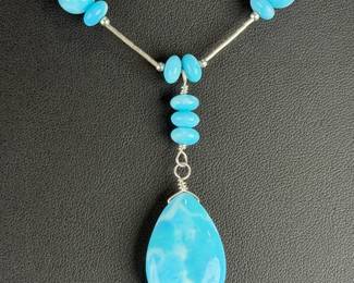Sterling Silver Larimar Liquid Silver Southwestern Beaded Pendant Necklace 925