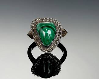 Vintage Silver Malachite Ring, Cabochon, Artisan Style, Size 6.5
