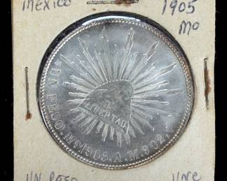 1905 MO Mexico 1 Peso Silver Coin .9027 Fine - Uncirculated Condition