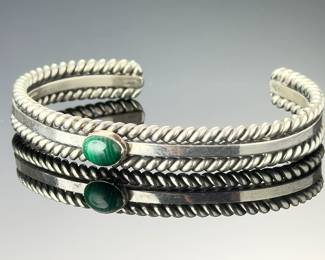 Navajo Sterling Silver Malachite Cuff Bracelet Signed SA Native American