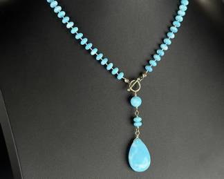 Natural Larimar Beaded Pendant Necklace 16.5 In Toggle Clasp Dominican Blue