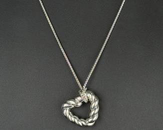 David Yurman Sterling Silver Cable Heart Pendant Necklace 24" Double Box Chain