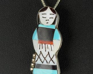 Zuni Joyce Wasete Sterling Silver Inlay Corn Maiden Pendant Brooch Necklace