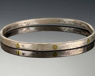 Vintage Mexican Sterling Silver Bangle Bracelet, Hinged, Screw Accents, TB-148, 925