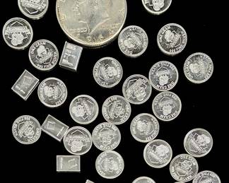 999 Fine Silver 1 Gram Bullion Rounds, Bars & 1964 Kennedy Half Dollar Lot