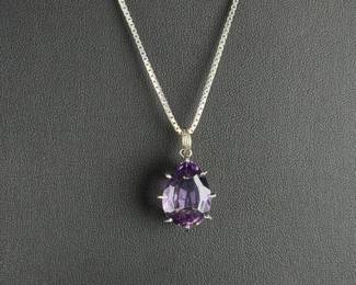 Italian Sterling Silver 925 Box Chain Necklace 30" Pear Cut Amethyst Pendant