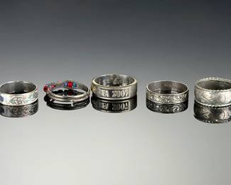 Lot of 5 Silver-Tone Rings: ASU Class, Beaded, Floral Engraved Bands