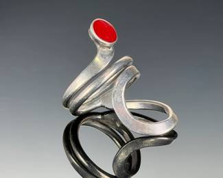 Vintage Mexican Modern Sterling Silver Statement Ring, Red Cabochon, Size 8