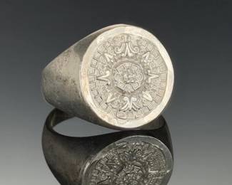 Vintage Mexican Sterling Silver Aztec Calendar Sun Stone Ring 925 MEX