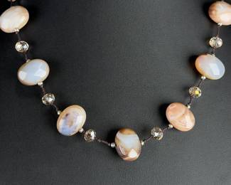 Sterling Silver Banded Agate & Smoky Quartz Statement Necklace 20 Inch 925