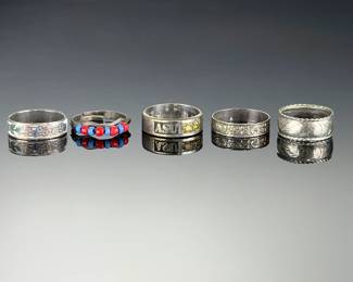 Lot of 5 Silver-Tone Rings: ASU Class, Beaded, Floral Engraved Bands