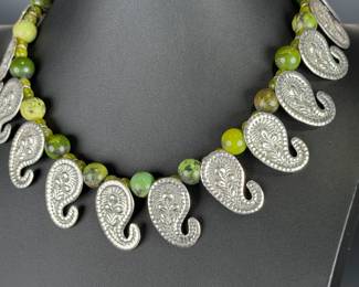 Vintage Mexican Sterling Silver Green Serpentine Paisley Collar Necklace HESS