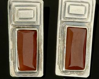 Federico Jimenez Mexican Sterling Silver Carnelian Clip-On Earrings Signed JF