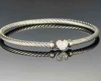 David Yurman Sterling Silver Diamond Pave Heart Cable Bracelet 6in 3mm