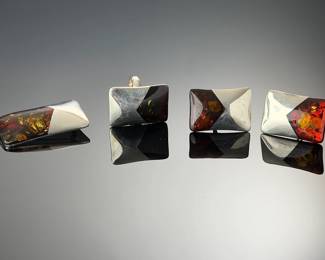 Modernist Baltic Amber & Sterling Silver 3-Piece Jewelry Set