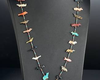 Vintage Zuni Fetish Necklace Multi-Stone Carved Animals Bird Pendant 29in
