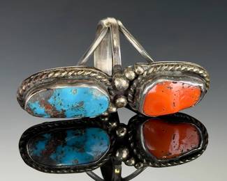 Vintage Navajo Silver Turquoise Coral Ring | Size 7.75 | 17g