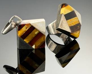 Modernist Sterling Silver Baltic Amber Striped Ring & Pendant Jewelry Set 925