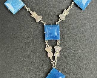 Vintage Sterling Silver Blue Stone Art Deco Style Pendant Necklace 15"