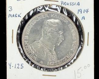 1914-A German Empire Prussia 3 Mark .900 Silver Coin Wilhelm II Uncirculated