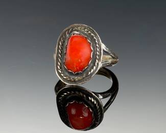Vintage Navajo Sterling Silver Coral Ring, Signed Picto Mark, Size 5