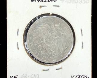 1905-A German Empire Prussia 2 Mark .900 Silver Coin Wilhelm II