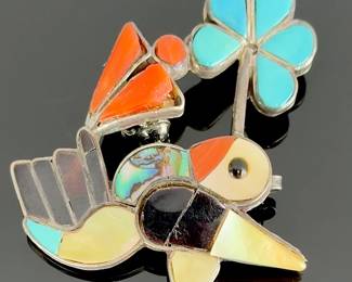 Zuni Multi-stone Inlay Hummingbird Pin Brooch, Vintage Native American