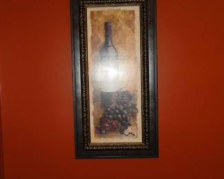 Framed art, wine bottle and grapes