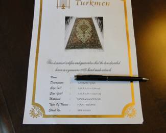 The area rug is from Turkmen, and comes with a certificate of authenticity