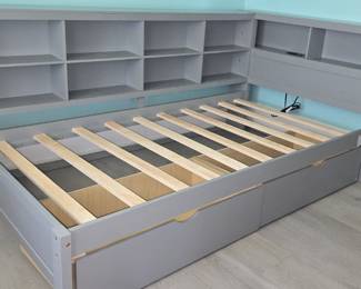 Brand new twin platform bed with 2 under the bed drawers and shelving for organizing