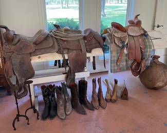 vintage saddles, saddle stands and cowboy boots