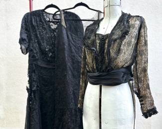 Lots of Victorian and Edwardian black lace and silk bodices and dresses in various conditions