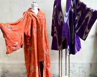 Antique orange silk and gold thread kimono and men’s silk purple ikat kimono