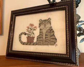 Framed CrossStitch Cat with Flowers