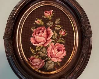 Vintage Floral Needlepoint in Ornate Oval Frame